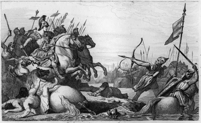 Chlodio den Långhårige (ca 428-ca 448) retirerar över bron efter sitt nederlag mot Aëtius - Chlodio, kallad ”den Långhårige” (ca 428-ca 448), merovingernas förfader och de saliska frankernas ledare - Chlodio besegras av Aëtius, Valentinianus III:s general.