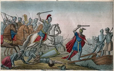 Chlodio, kallad "den Långhårige" (428-448), merovingernas stamfar och ledare för de saliska frankerna. Chlodio besegrades av Aëtius, Valentinianus III:s general, som tvingade honom att åter korsa Rhen. Tecknad och graverad av Ambroise Tardieu 1825.