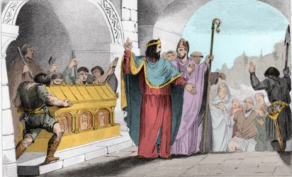 Clovis II (635-657) Säljer silver och guld från helgedomen för att mata de fattiga - Clovis II dit "" le Faineant"" för att mata de fattiga gjorde att guld- och silverbladen togs bort från kyrkan Saint-Denis - Gravyr 1825 i ”Histoire de France representera