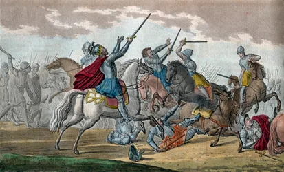Clovis I (466-511), Frankernas kung, Merovingernas dynasti - Under slaget vid Tolbiac mot Alamanerna lovade han att konvertera till katolicismen om Gud ger honom seger - Rita och grava av Ambroise Tardieu 1825