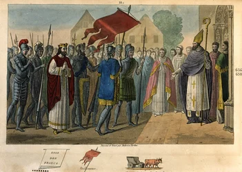 Dagobert 603 till 639 tar ner fanan vid St Denis - Dagobert I (? - 639), Frankernas kung, Merovingernas dynasti. Han grundade klostret Saint Denis där han deponerade oriflamen. Ritningar och gravar av Ambroise Tardieu 1825.