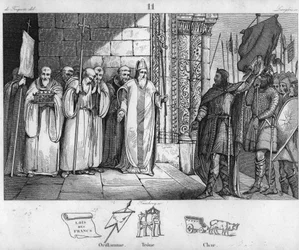 Dagobert 603 till 639 tar ner fanan vid St Denis - Dagobert I, frankernas kung, efter att ha skapat klostret Saint-Denis, har oriflamen deponerad där omkring 634 - Gravyr från 1825 i "Histoire de France representerad av synoptiska målningar dedie