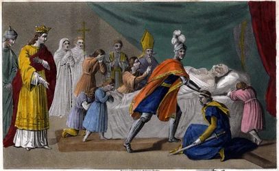 Död av Pepin av Herstal (635-714) omgiven av sin familj - Pepin de Herstals död (farfar till Pepin le Brief), omgiven av sin familj och i närvaro av Dagobert III (714) - Ritning och grav av Ambroise Tardieu i 1825