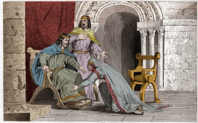 Emme kysser knäet på sin man Raoul (d936) som ett erkännande av sin suveränitet - Emma de France (894-934) kysser knäna på sin man Raoul (ca 890-936) som hon valde till kung under Karl III:s fångenskap det enkla - gravyr från 1825 in