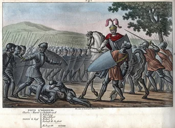 Eudes (Odon) (860 - 898), den karolingiska dynastin, ledde striden mot normanderna och försvarade Paris med segern (885 - 887) - Designad och graverad av Ambroise Tardieu 1825.