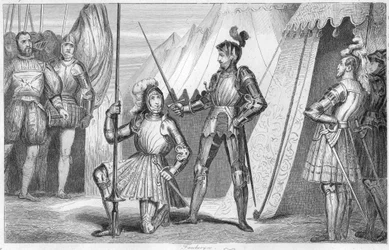 Frans I av Frankrike begär att bli adlad av Chevalier Bayard efter seger i slaget vid Marignano, Italien