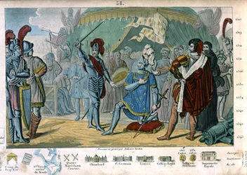 Frans I av Frankrike begär att bli adlad av Chevalier Bayard efter seger i slaget vid Marignano, Italien