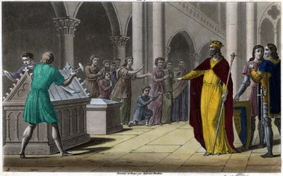 Grimoald, son till Pépin den äldre, borgmästare i palatset i Austrasia (642) under Sigebert III. Designad och graverad av Ambroise Tardieu 1825.
