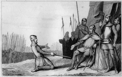 Henri I (1008-60) fordon sin bror Robert-Le-Vieux 1032 - Henri I (1008-1060), kung av Frankrike, tackar sin bror Robert le Vieux som reste sig mot honom och han avstod från hertigen av Bourgogne 1032 - Gravyr 1825 i "Histoire de France repr