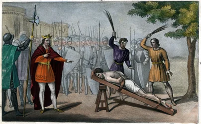 Lord Bodillon piskas efter att ha klagat över Childeric II:s (653-73) skattehöjning - Childeric II har bundit fast en burgundisk lord vid namn Badillon eller Bodillon vid en stolpe och slagit honom som en slav för att han vågat påtala faran med en alltför 