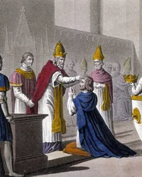 Ludvig II invigdes en andra gång vid konciliet i Troyes av Johannes VIII 879 (detalj av 33595). Designad och graverad av Ambroise Tardieu 1825.