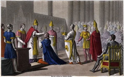 Ludvig II invigdes en andra gång vid konciliet i Troyes av Johannes VIII 879. Designad och graverad av Ambroise Tardieu 1825.