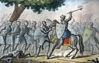 Ludvig VI, känd som "the Gros" (1081 - 1137), i slaget vid Brenneville, försöker avlägsna Normandie från kung Henrik I 1119. - Designad och graverad av Ambroise Tardieu 1825.