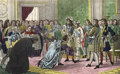 Ludvig XIV (1638-1715), omgiven av sin familj och hovets viktigaste personer, presenterar sin sonson Filip V för Spaniens sändebud som deras nya kung 1700. - Designad och graverad av Ambroise Tardieu 1825.