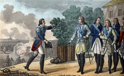 Ludvig XV (1710-1774). Kungen och Dauphinen deltar i slaget vid Fontenoy, vilket var mycket viktigt för resultatet av det österrikiska tronföljdskriget. Marskalken av Sachsen vann slaget vid Fontenoy 1748. - Designad och graverad av Ambroise Tard