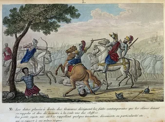 Merovee (447-458) trotsar Attila vid Catalaunique Fields nära Troyes med Aetius och Theodoric I. Han är den förmätande kungen av Francs-Salians och gav sitt namn till den merovingerska dynastin. - Rita och grava av Ambrose Tardieu 1825.