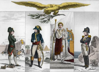 Napoleon Bonaparte (1769-1821) i fyra skeden av sitt liv - Napoleon Bonaparte (1769-1821) vid olika tidpunkter av sitt liv - Gravyr från 1825 i "Histoire de France representerad av synoptiska målningar tillägnade Frankrikes barn och som används för deras u