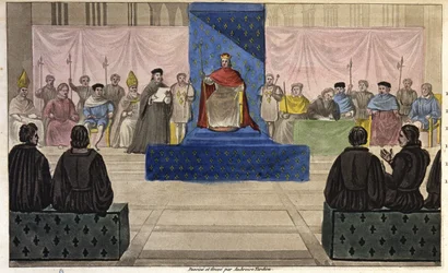 Filip IV samlar vid Louvren Generalständerna, sammansatta av präster, adel och framstående borgare eller tredje stat som först antogs till det 1301 - Designad och graverad av Ambroise Tardieu 1825.