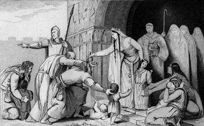 Drottning Bathild 626 eller 627 till 680 ger pengar till de fattiga - Batilde (eller Bathilde, hustru till Clovis II) avskaffar en hyllning som gallerna betalade av huvuden, små och stora, och upptäckte att vissa föräldrar för fattiga för att betala lät de