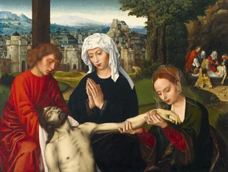 Pietan vid korsets fot - Målning av Ambrosius Benson (1495-1550), olja på trä, cirka 1530, 68x88,2 cm - Pieta vid korsets fot, Olja på trä av Ambrosius Benson - Museo de Bellas Artes de Bilbao
