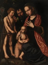 Den heliga familjen och Johannes Döparen (olja på panel)