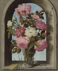 Holländska: Rosor i en Roemer, placerade i ett fönster med en krokus och en larv Stilleben med rosor i en glasvas