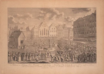 Frans II:s kröningsprocession från Frankfurts domkyrka till Römerberg i juli 1792