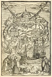 Karta över den nya ön Utopia från en utgåva från 1518 av Utopia av Sir Thomas More (1478-1535), först utgiven 1516. Träsnitt av Ambrosius Holbein (ca 1494-ca 1519) som visar ön med huvudpersonerna
