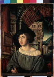 ""Porträtt av en ung man"" En karaktär av hög rang, i renässansstil. Målning av Ambrosius Holbein (1494-cirka 1520) 1518 Mått 44x32,5 cm Eremitagemuseet, Sankt Petersburg