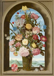 Vas med blommor i ett fönster, ca 1618