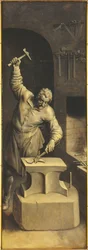 Saint Eligius i sin verkstad (olja på panel)