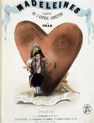 Man betalar endast när man går in (karikatyr av Amor (Eros) innan ett hjärta gömmer en djävul) - i "" Madeleines"" av Cham, v.1870-1880