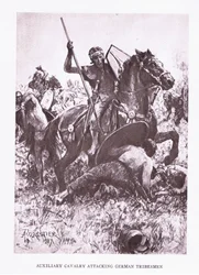 Hjälpkavalleri attackerar tyska stammän, illustration från The Roman Soldier, 1928