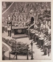 Stort frimurarmöte i Royal Albert Hall till ära för drottningens jubileum, ur "The Illustrated London News", 18 juni 1887