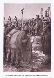 Kejsaren får underkastelse av barbarhövdingar, illustration från den romerske soldaten, 1928