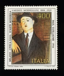 Frimärke från italiensk konstserie till hedring av Amedeo Modigliani (1884-1920), föreställande Porträtt av Paul Guillaume (1916), 400-liters frimärke