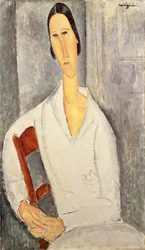 Madame Hanka Zborowska lutad mot en stol (Madame Hanka Zborowska accoudée à une chaise) 1919 (olja på duk)