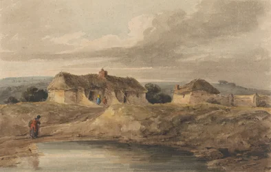 Landskap med halmtak byggnader