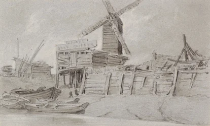 Väderkvarn och båtvarv, ca 1803 (kol, penna och tvätt)