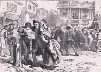 Bostonbor som läser stämpellagen, illustration från Cassells History of the United States publicerad av Cassell, Petter & Galpin, c.1900 (litho)