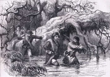 Clarke och hans soldater som korsar Wabash, illustration från Cassells History of the United States publicerad av Cassell, Petter & Galpin, c.1900 (litho)
