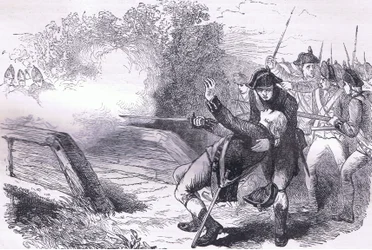 Death of Isaac Davis, illustration från Cassells History of the United States publicerad av Cassell, Petter & Galpin, c.1900 (litho)