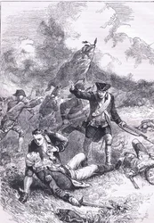 Death of Major Pitcairn, illustration från Cassells History of the United States publicerad av Cassell, Petter & Galpin, c.1900 (litho)