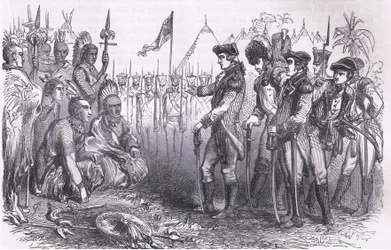 General Burgoyne tilltalar indianerna, illustration från Cassells History of the United States publicerad av Cassell, Petter & Galpin, c.1900 (litho)