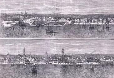 New York i mitten av artonhundratalet, illustration från Cassells History of the United States publicerad av Cassell, Petter & Galpin, c.1900 (litho)