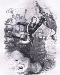 Sergeant Jasper hämtar flaggan, illustration från Cassells History of the United States publicerad av Cassell, Petter & Galpin, ca 1900 (litho)