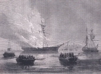 The burning of Gaspe, illustration från Cassells History of the United States publicerad av Cassell, Petter & Galpin, c.1900 (litho)
