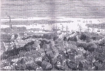 View of Boston av Bunkers Hill, illustration från Cassells History of the United States publicerad av Cassell, Petter & Galpin, c.1900 (litho)