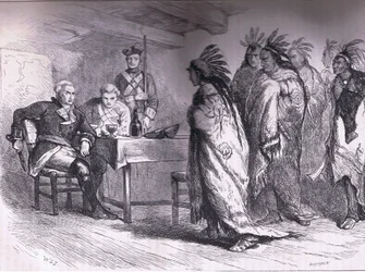 Besök av Pontiac och indianerna hos major Gladwin 1763, illustration från Cassells History of the United States publicerad av Cassell, Petter & Galpin, c.1900 (litho)