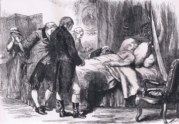 Washington på sin dödsbädd, illustration från Cassells History of the United States publicerad av Cassell, Petter & Galpin, c.1900 (litho)